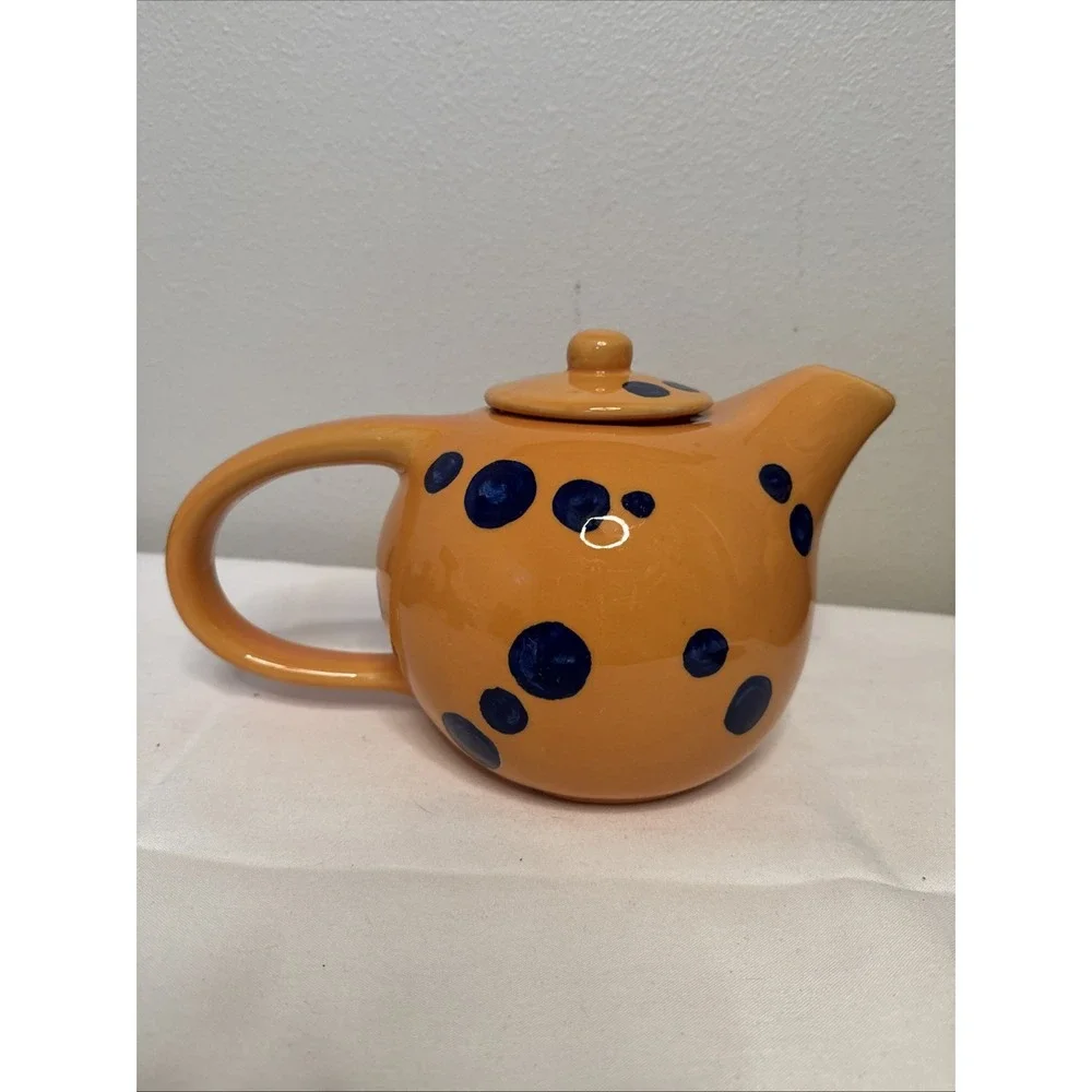 Evandale Hand Painted Ceramic Teapot Orange w Blue Dots w Lid Vintage 70s
